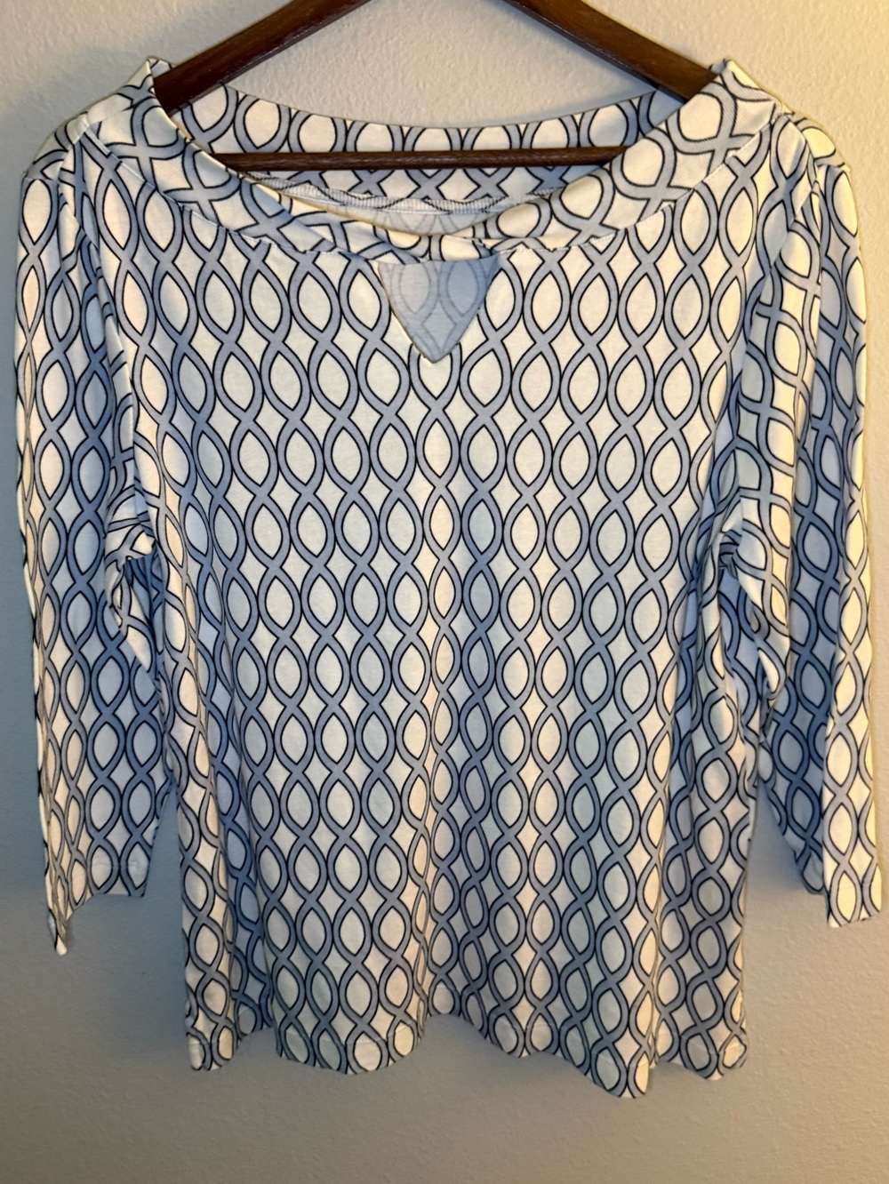 Chico's White and Blue Geometric Long Sleeve Top